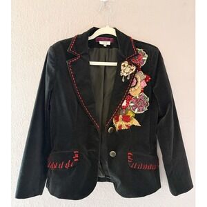 Cache Womens Y2K Black Velvet Embellished Blazer Jacket Red Stitching Floral S